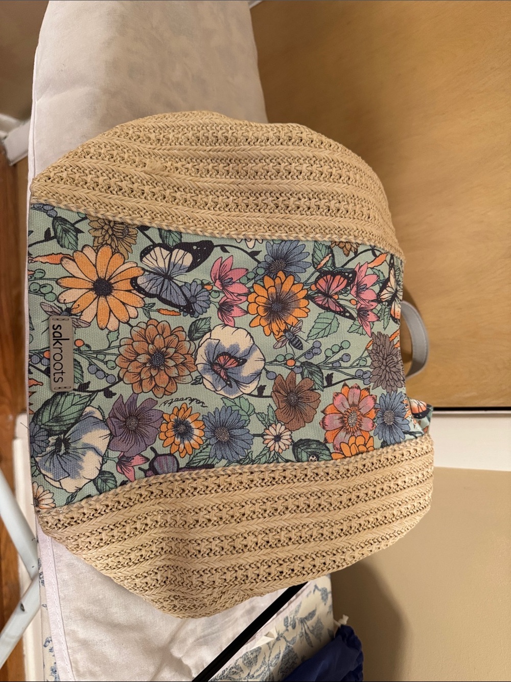 Sakroots Floral Straw-Trim Tote in Teal and Multicolor